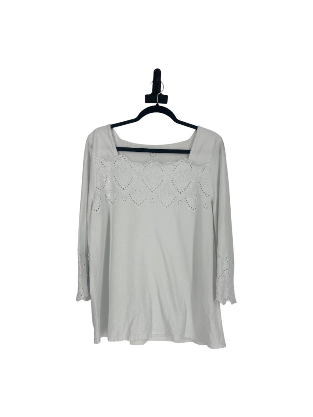 J Jill Eyelet Embroidered Top Large White Cotton 3/4 Sleeve Knit Minimalist Boho